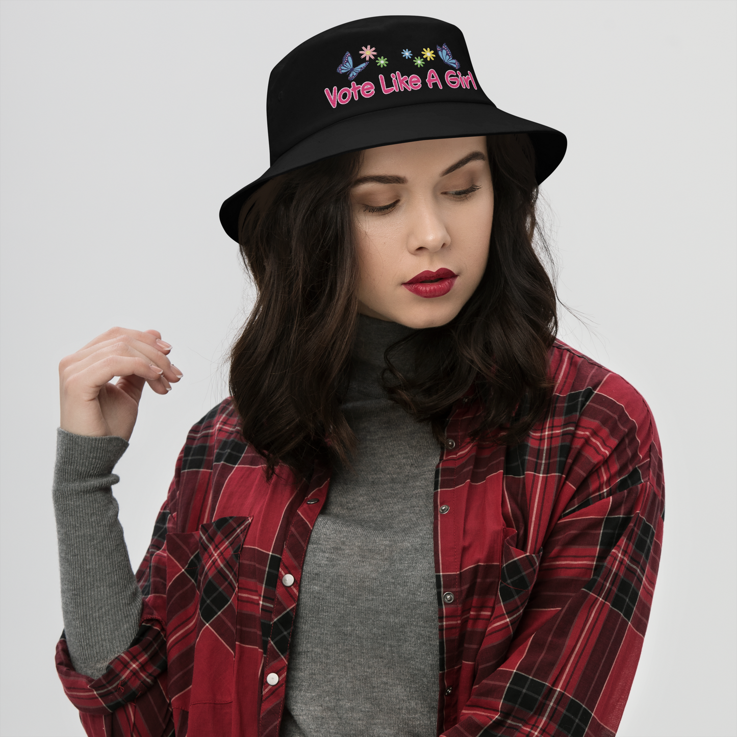 • Embroidered Bucket Hat in Cotton, 'Vote Like A Girl'