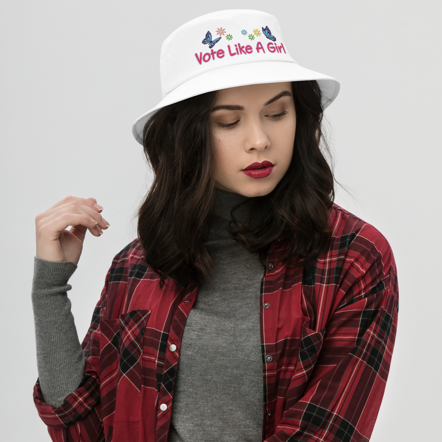 • Embroidered Bucket Hat in Cotton, 'Vote Like A Girl'