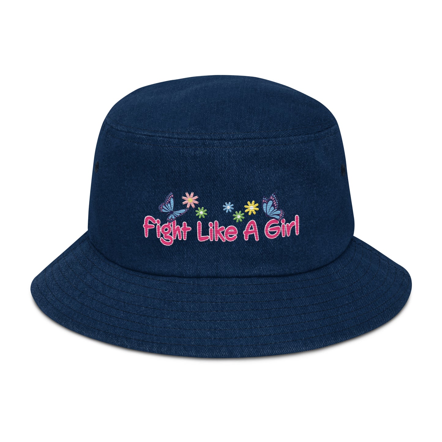 • Embroidered Bucket Hat in Blue Denim, 'Fight Like A Girl'
