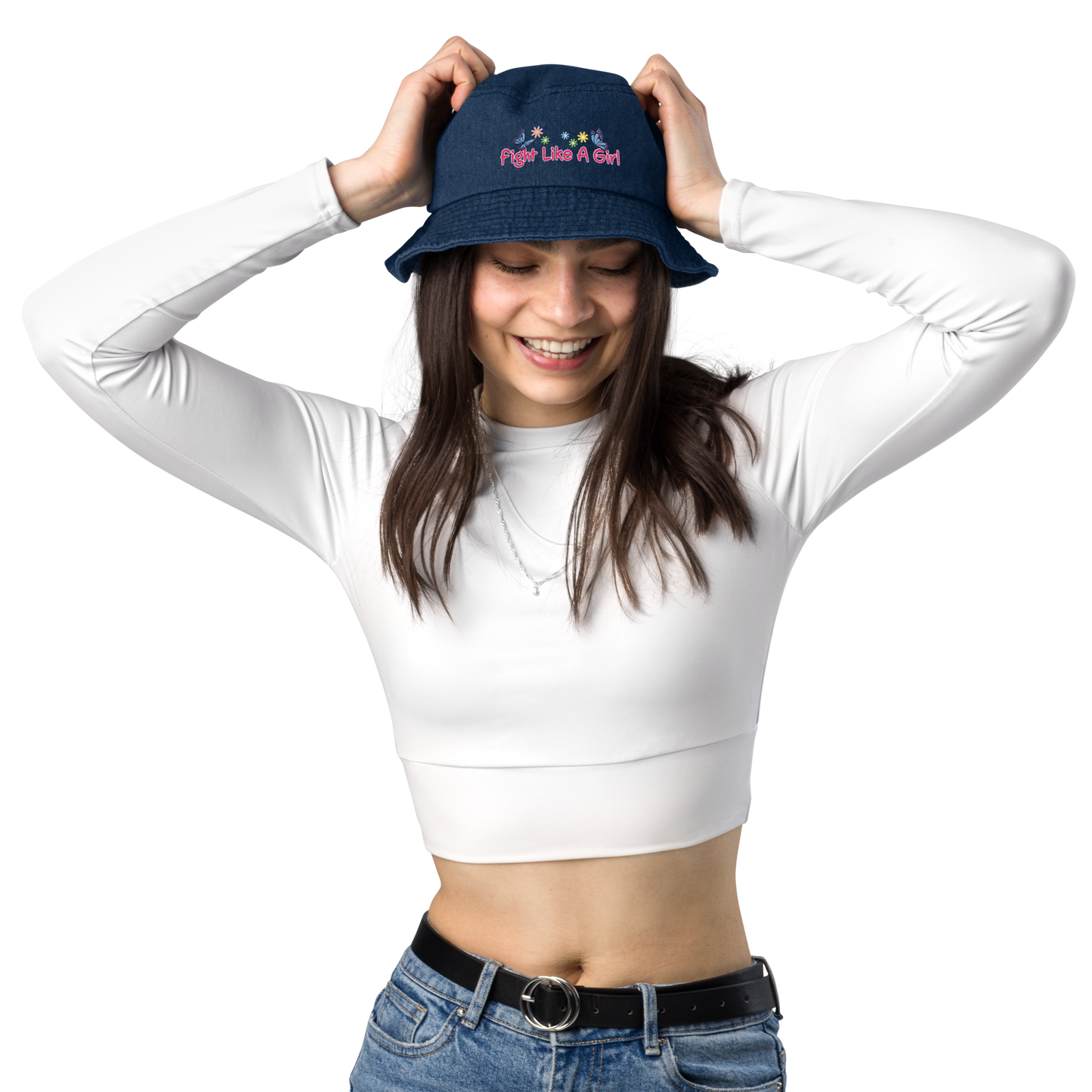 • Embroidered Bucket Hat in Blue Denim, 'Fight Like A Girl'