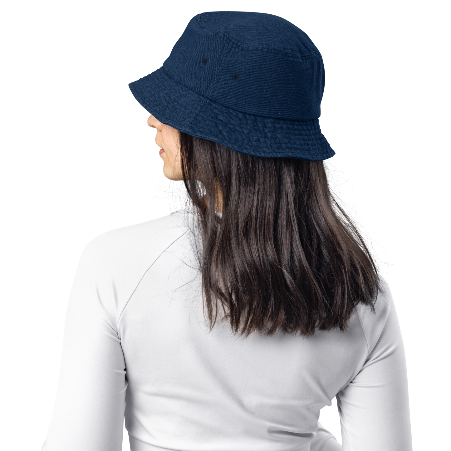 • Embroidered Bucket Hat in Blue Denim, 'Fight Like A Girl'